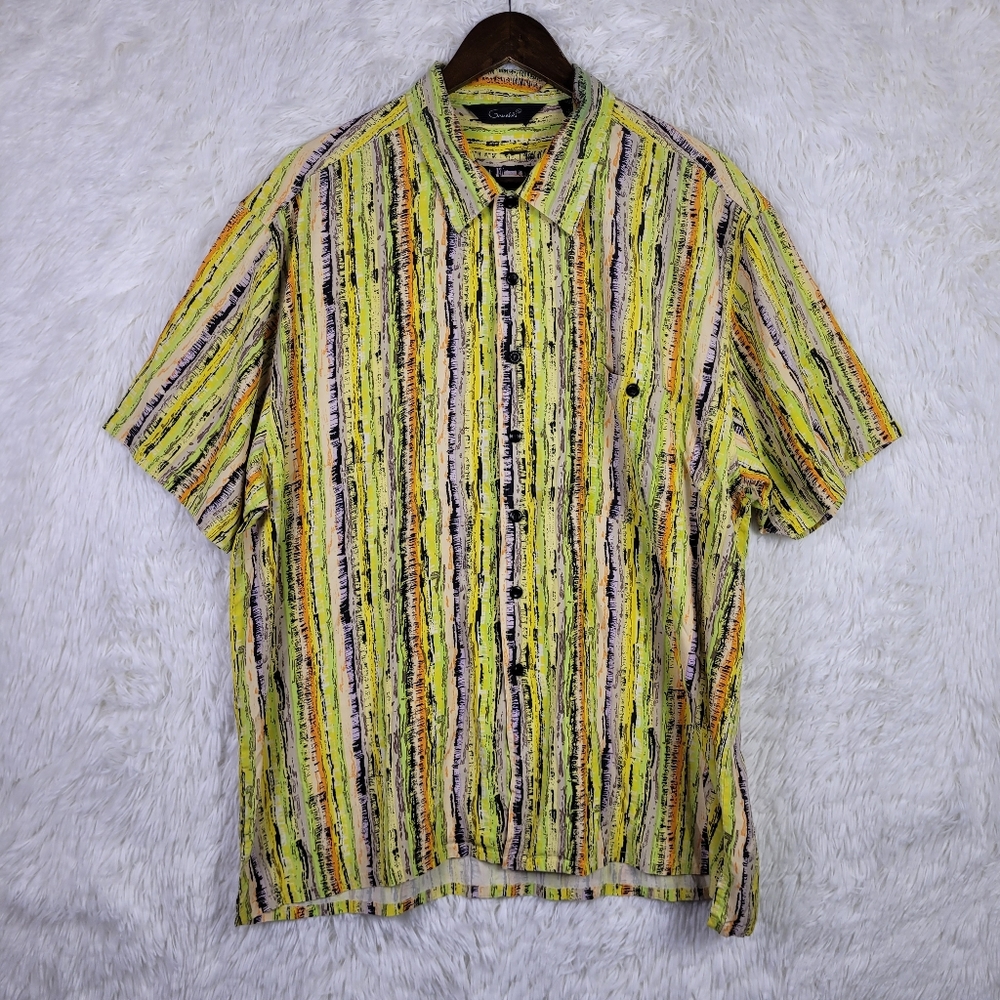 Vtg Genelli Abstract Stripe 100% Silk Button Up Shirt Mens XL Resort Art To Wear